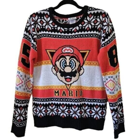 Super Mario Sweater Mens XL Multicolor Crewneck AOP Geo Gamer XMas Colorful LS - Picture 1 of 15